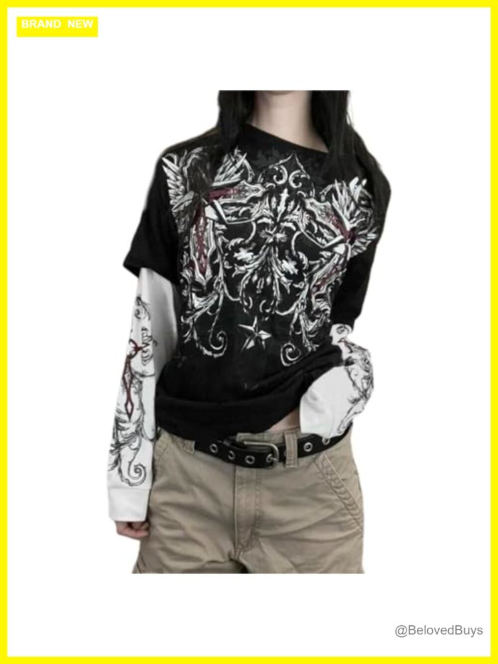 Grunge Graphic Long Sleeve Tee Crew Neck Loose Fit Womens Y2K Gothic Top
